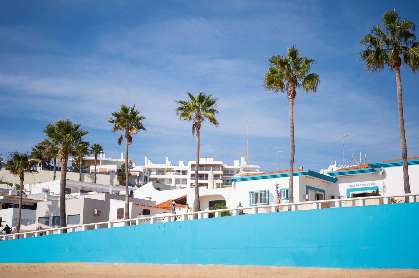 Palm-lined beach resort with white buildings under a bright blue sky