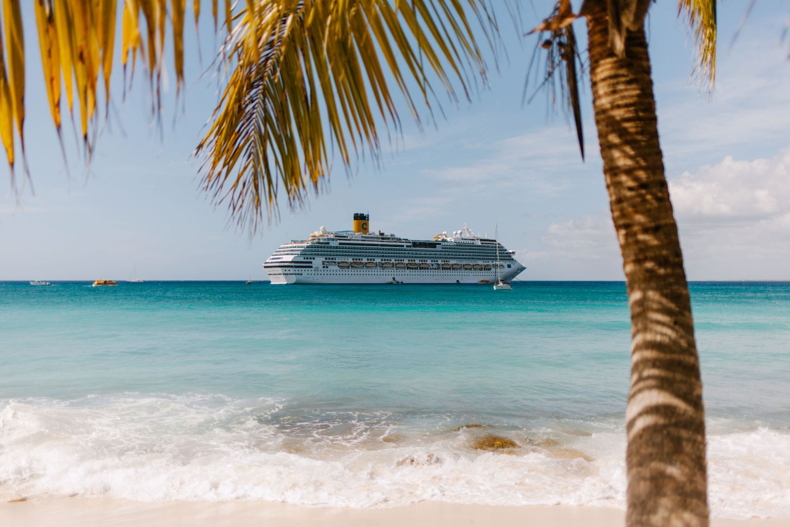 Cruise ship in clear turquoise water framed by palm leaves